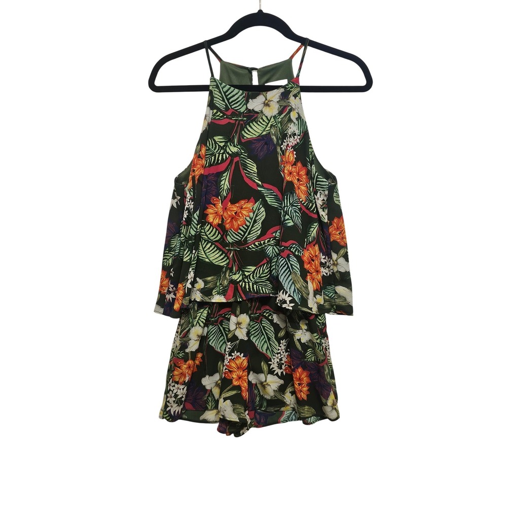 Everly Womens Tropical Floral Halter Romper Green Orange Small RP0054-319D